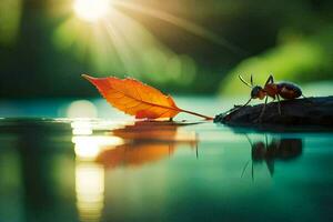 a leaf and an ant sitting on a rock in the water. AI-Generated photo