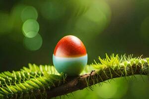 un Pascua de Resurrección huevo es sentado en un rama. generado por ai foto