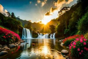 the sun shines over a waterfall and flowers in the foreground. AI-Generated photo