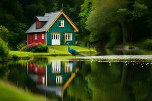 un vistoso casa se sienta en el borde de un lago. generado por ai foto