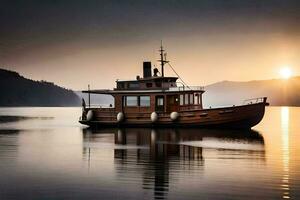 un barco en el agua a puesta de sol. generado por ai foto