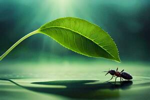 a bug is standing on top of a leaf. AI-Generated photo