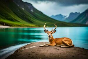 a deer sits on the shore of a lake with mountains in the background. AI-Generated photo