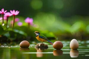 a bird is standing on top of eggs in a pond. AI-Generated photo