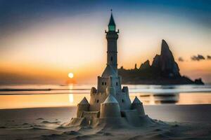 a sand castle on the beach at sunset. AI-Generated photo