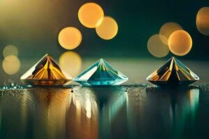 three diamond shaped objects sitting on a table. AI-Generated photo
