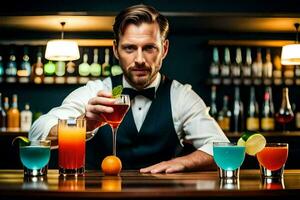 a bartender is preparing drinks at a bar. AI-Generated photo