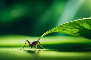 un pequeño insecto es en pie en parte superior de un hoja. generado por ai foto