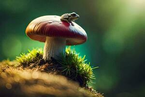 a small frog sits on top of a mushroom. AI-Generated photo
