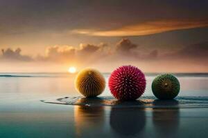 Tres vistoso pelotas en el playa a puesta de sol. generado por ai foto