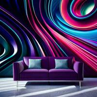 a purple couch in front of a colorful abstract wall mural. AI-Generated photo