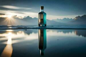 a bottle of blue liquid sitting on the beach with mountains in the background. AI-Generated photo