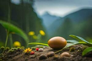 an egg laying on the ground in front of a mountain. AI-Generated photo