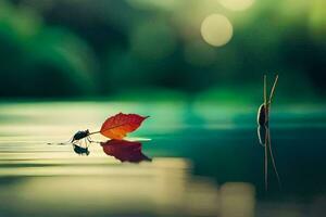 a red leaf floating on the water in front of a green background. AI-Generated photo