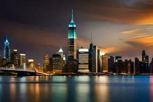 el ciudad horizonte a noche con el Manhattan puente en el primer plano. generado por ai foto