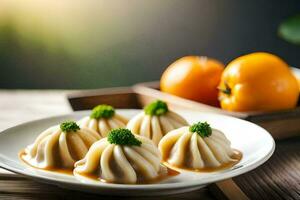 a plate of dumplings with oranges on it. AI-Generated photo