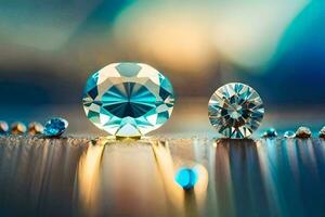 two diamonds on a table with blue light. AI-Generated photo