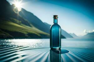 un botella de azul líquido se sienta en el agua. generado por ai foto