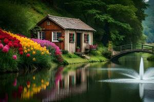 a small house sits on a small pond surrounded by colorful flowers. AI-Generated photo