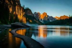 el montañas son reflejado en el agua a puesta de sol. generado por ai foto