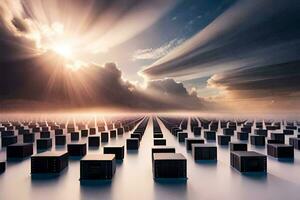 nubes y datos almacenamiento cajas en el cielo. generado por ai foto