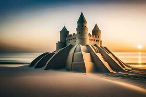 a sand castle on the beach at sunset. AI-Generated photo