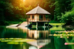 a small hut sits on the edge of a lake. AI-Generated photo