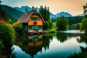 a small house sits on the edge of a lake. AI-Generated photo