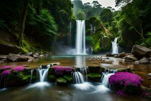 waterfall in the jungle with purple flowers. AI-Generated photo