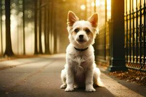 a small white dog sitting on the ground in front of a fence. AI-Generated photo