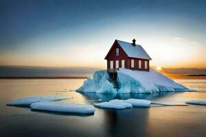 un rojo casa en un iceberg en el medio de el océano. generado por ai foto