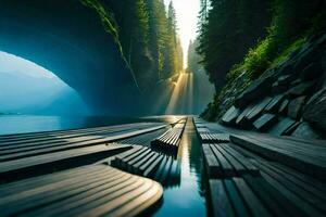 a wooden bridge leads into a cave with a waterfall. AI-Generated photo