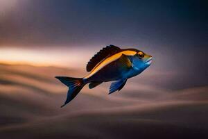 a fish in the ocean with a sunset in the background. AI-Generated photo