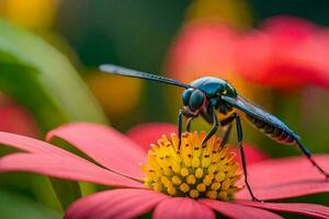 a blue and green insect on a pink flower. AI-Generated photo