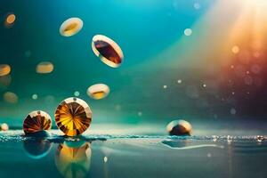 golden gems floating in water with a light shining on them. AI-Generated photo