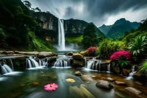 waterfall, flowers, mountains, rain, clouds, waterfall, waterfall, waterfall, waterfall,. AI-Generated photo