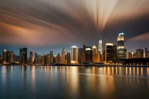 el ciudad horizonte a noche con un largo exposición. generado por ai foto