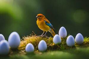 a bird sits on a nest of white eggs. AI-Generated photo