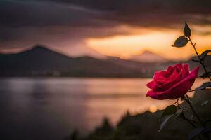 a single red rose is in front of a lake and mountains. AI-Generated photo