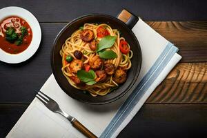 spaghetti with shrimp and tomato sauce in a bowl on a wooden table. AI-Generated photo