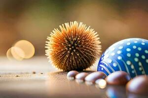 a blue ball and some small balls on a table. AI-Generated photo