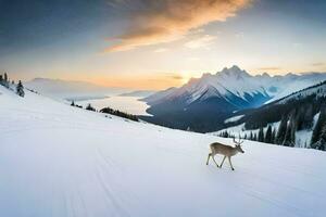 a deer is walking across a snowy field at sunset. AI-Generated photo