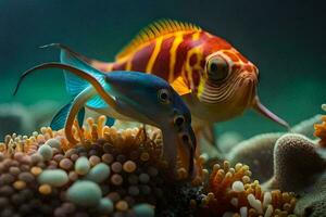 a fish and an octopus are swimming together. AI-Generated photo