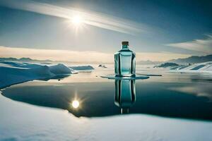 un botella de alcohol se sienta en el hielo en el medio de un lago. generado por ai foto