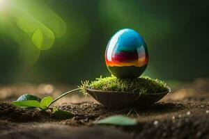 a colorful egg sitting on top of a moss covered ground. AI-Generated photo