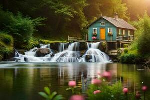 waterfall, cottage, cottage house, cottage house, cottage house, cottage house, cottage house. AI-Generated photo