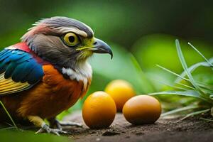 un vistoso pájaro es en pie siguiente a algunos huevos. generado por ai foto