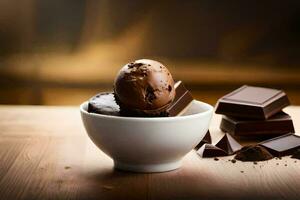 chocolate ice cream in a bowl with chocolate pieces. AI-Generated photo