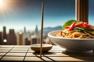 a bowl of noodles and chopsticks on a table in front of a cityscape. AI-Generated photo