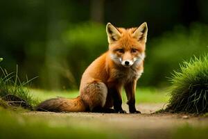 a fox sits on the ground in the middle of a forest. AI-Generated photo